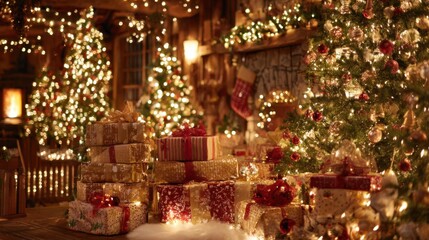A room full of Christmas trees and presents with a warm and festive mood. The room is decorated with lights and the presents are piled up, creating a cozy and inviting atmosphere