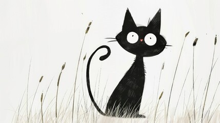 Cute hand drawn cat illustration with decorative floral elements on white background