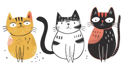 Cute hand drawn cats illustration with different colors and textures isolated on white background