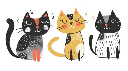 Cute hand drawn cats illustration with different colors and textures isolated on white background