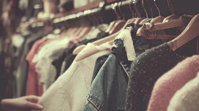 Clothing rack with sweaters and denim jackets