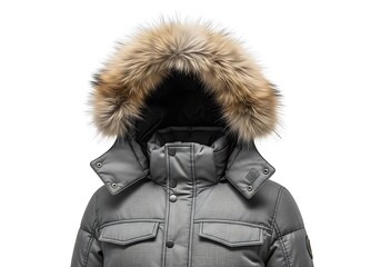 Close up of a stylish grey winter parka with a luxurious fur trimmed hood on a white background