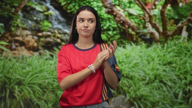Woman clapping hands wearing a red spanish soccer jersey in a forest setting with waterfall backdrop and focused expression; team pride support.