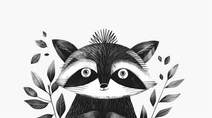 Cute hand drawn raccoon surrounded by decorative leaves on light background illustration