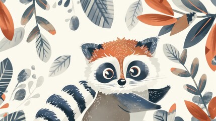 Cute hand drawn raccoon surrounded by decorative leaves on light background illustration