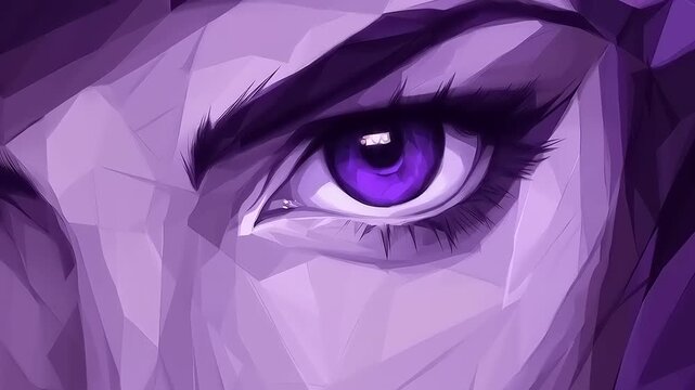 Abstract Digital Portrait of a Woman's Eye in Shades of Purple with Geometric Facets