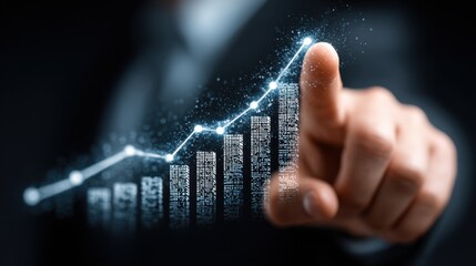 Businessman touches hologram of growing graph, indicating cost reduction and quality improvement for product optimization and customer satisfaction