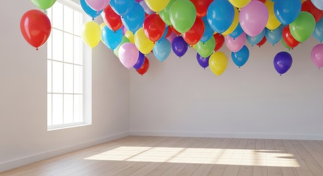 Vibrant multicolored balloons in a sunlit room with wooden floor - Powered by Adobe