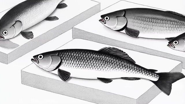 Monochromatic Aquatic Life: A Detailed Pencil Sketch of Diverse Fish Species Array