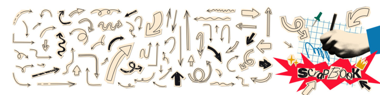 Collage elements set, cut out of paper hand drawn doodle arrows collection. Grunge clipping funky elements for scrapbook. Vector illustration isolated on transparent background