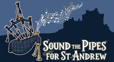 Celebrate Scottish heritage with bagpipes and music flowing towards a castle, ideal for St Andrew's Day promotions and cultural events worldwide