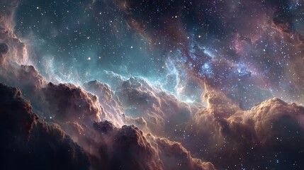 Fototapeta premium Spectacular colorful nebula background with stars, dust clouds, and galactic formation for stock market use, a high-quality realistic rendering