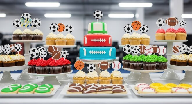 Sports-themed cake and cupcakes display with football and basketball decorations - Powered by Adobe