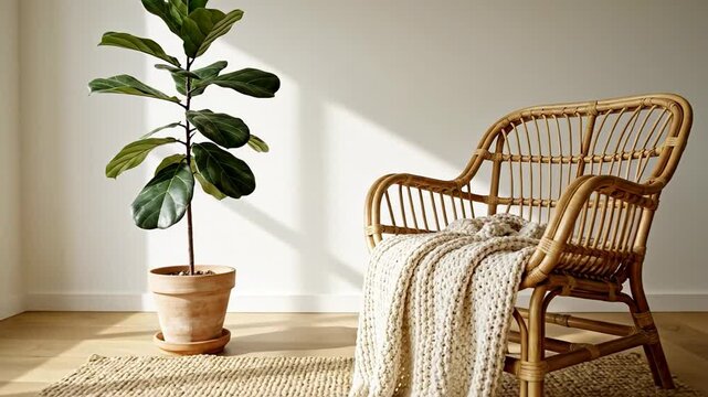 Cozy corner with wicker chair, sunlight streaming through windows, indoor plant enhances relaxation ambiance, perfect for autumn decor inspiration