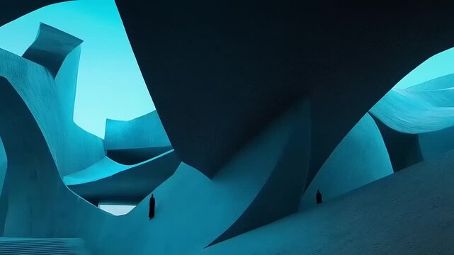 Blue Dreamscape: Architectural Vision of Concrete Forms and Human Silhouettes