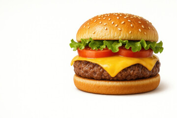A classic cheeseburger with lettuce, tomatoes and cheese. Space for text.