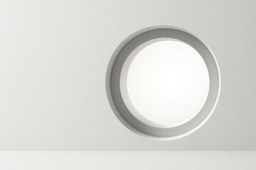 Round window in a minimalist white interior. Space for text.