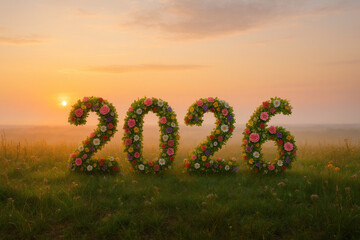 Numbers 2026, made up of fresh flowers, against the background of dawn.