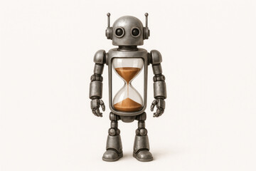A metal robot with an hourglass inside. Space for text.