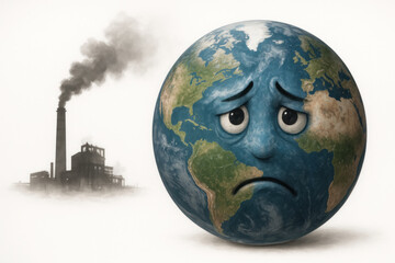 Sad planet Earth against the background of a plant with smoke.