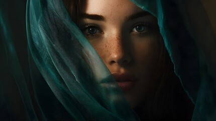 Mysterious woman veiled in teal light creates an elegant portrait of captivating beauty and subtle depth
