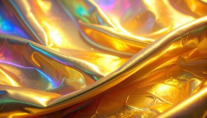 Vibrant folds of golden iridescent fabric reflecting colorful light for futuristic design fashion technology and luxury product visualization concept