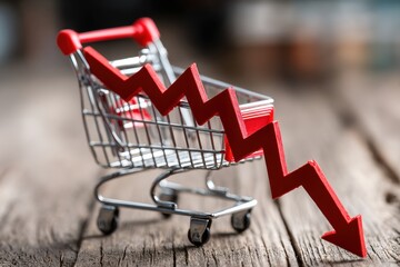 Mini shopping cart with red arrow pointing downward on wooden surface, symbolizing retail sales decline and economic downturn, dramatic studio lighting, shallow