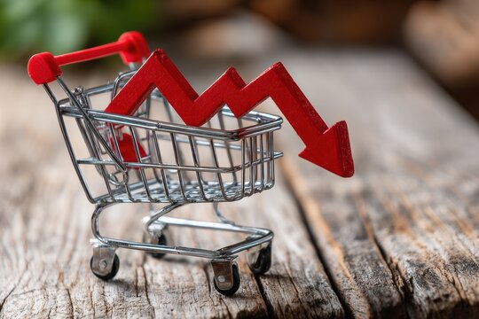 Mini shopping cart with red arrow pointing downward on wooden surface, symbolizing retail sales decline and economic downturn, dramatic studio lighting, shallow - Powered by Adobe