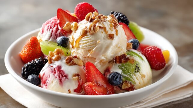 A bowl of ice cream with fruit on top. The bowl is white and the ice cream is in the center. There are strawberries, blueberries, and kiwi on top of the ice cream