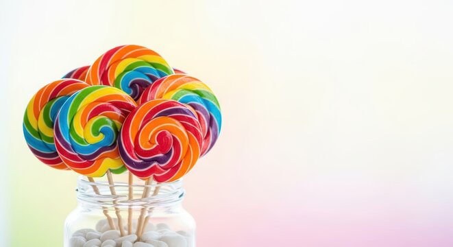 Colorful spiral lollipops in jar against pastel background