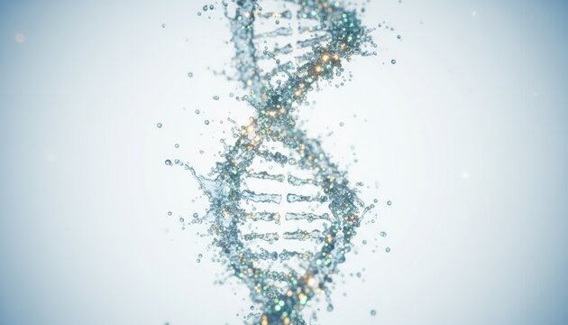 A shimmering double helix made of water droplets illustrating biotech innovation genetic research and emerging scientific breakthroughs in health