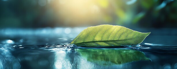 A serene leaf floating on calm water, illuminated by soft sunlight, capturing tranquility and nature's beauty.