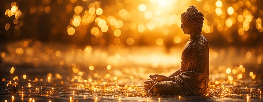 A serene Buddha statue bathed in golden light, symbolizing peace, tranquility, and spiritual reflection.