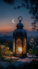 A beautifully crafted lantern glowing under a crescent moon, creating a serene nighttime atmosphere.