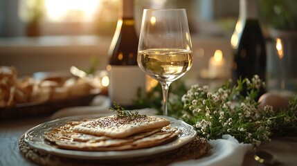 A beautifully arranged plate with pancakes and a glass of white wine, capturing a warm, inviting atmosphere.
