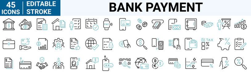 Bank and payment web line icons collection. cash, saving, financial goal, profit. Editable stroke. Vector illustration