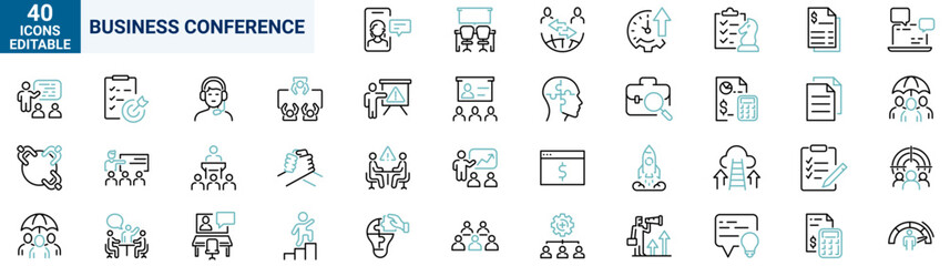 Business Conference web line icons. Meeting icon set of web in line style. Webinar icons Related to teamwork, interview, online meeting, discussion and more.