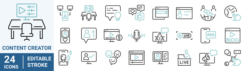 Set Content Creator line web icons, media. Linear icon collection. Editable stroke. Vector illustration