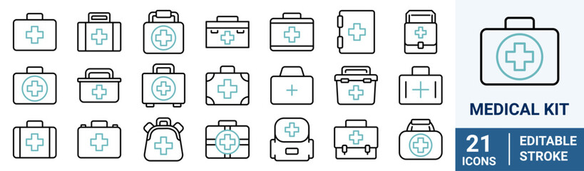 Medical kit web blue line icon set. First aid kit. Emergency Medical Kits and Equipment Icon Set for Healthcare