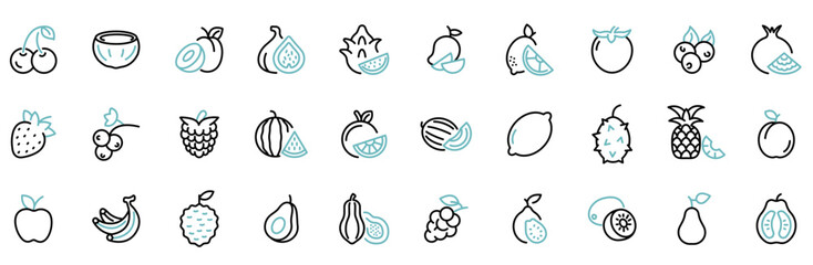 Fruits web line icons. Vegetables and berries. Editable stroke. Vector illustration