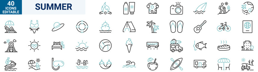 Set of 40 Summer icons. Vacation and beach web icons in line style. Travel, holiday, tourism, hotel, passport, maps, landscape, camera. Icon collection. Vector illustration.