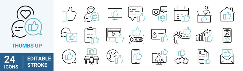 Thumb-up icon set. like, favorite, admire, endorse. Editable Vector Stroke.