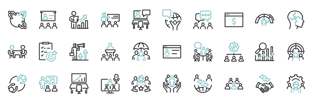 Business Process web line icon set. Set of 30 outline icons related to business process, progress, strategy, analysis, planning, management, improvement and others. Editable stroke. Vector illustratio