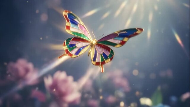 Magical stained glass butterfly among flowers with bokeh