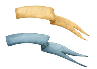 Watercolor illustration flags of beige and blue ribbon. Illustration of curved flowing Pennant in pastel colors. Banner pendants flagpoles. Vintage ribbon banners for Decorations and Invitations