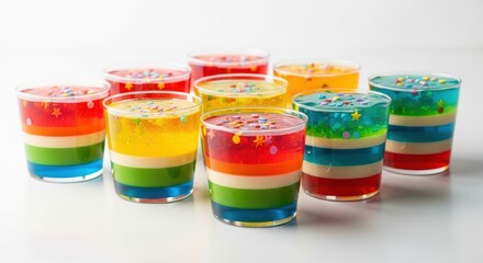 Colorful rainbow layered jello desserts with sprinkles on white background