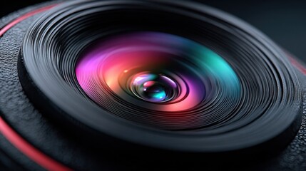 Close-up abstract of a modern camera lens with rainbow reflection showing the concentric circles and textures of the lens