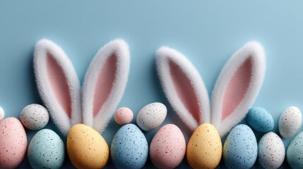Easter celebration overhead view with bunny ears, colorful easter eggs on pastel blue background, suggesting festive atmosphere and spring holiday