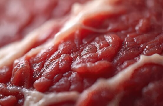 Raw red meat texture macro view. Close up of marbled beef sirloin or pork loin with fat. Food ingredient for cooking or grilling meals. Uncooked protein slice.
