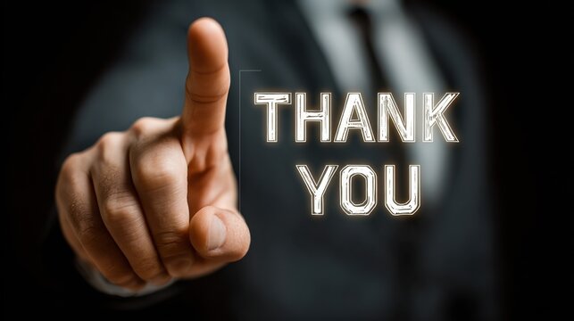Businessman expressing gratitude and acknowledgment, touching 'thank you' text screen on smart background